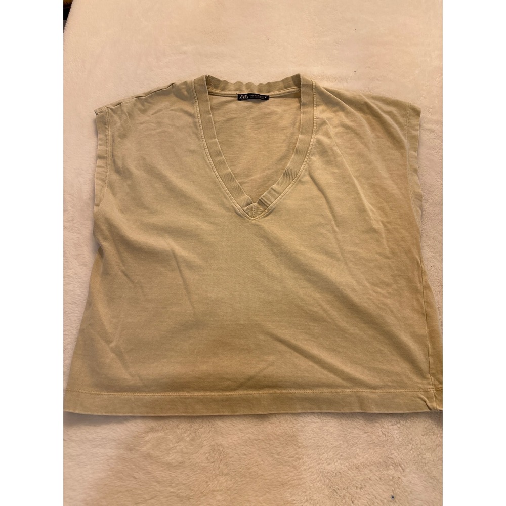 Zara Womens Khaki Tan V-Neck Sleeveless Boxy Cotton T-Shirt Top Size Medium